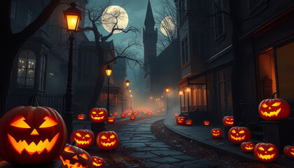 A street with many pumpkins and a full moon in the background