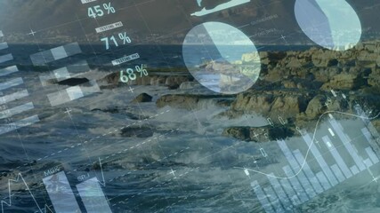 Poster - Financial data and analytics animation over ocean waves and rocky coastline