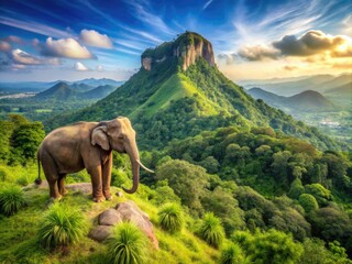 Wall Mural - Lush Green Mountain With A Distinctive Elephant-Shaped Peak, A Popular Hiking Destination Offering Panoramic City Views.