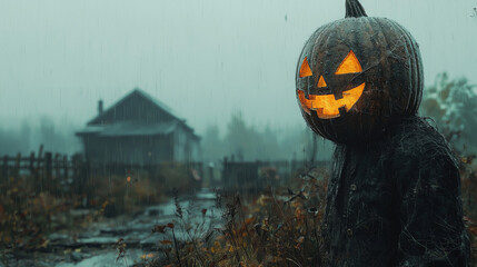 A spooky jack-o'-lantern in the rain