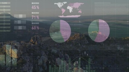 Poster - Data analytics and statistics animation over aerial view of rocky landscape