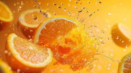 Wall Mural - Fresh Orange Slices Splashing in Juice