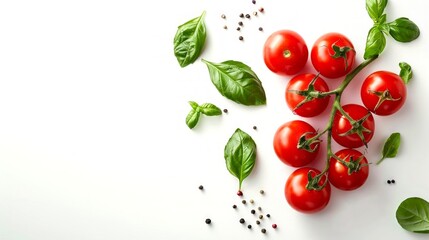 Wall Mural - Fresh red tomatoes arranged with vibrant green basil leaves. This image captures a clean and bright food setting, perfect for recipes and cooking articles. Natural and inviting. AI