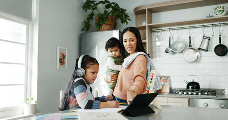 Poster - Mother, children and tablet with headphones for elearning, distance learning or virtual class in kitchen at home. Mom, child or helping daughter with technology for online lesson or homework at house