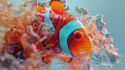 Wall Mural - A vibrant clownfish swimming among colorful sea anemones in a visually engaging underwater scene.