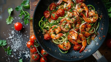 Wall Mural - Delicious shrimp and zoodles in a hot skillet. This vibrant dish features fresh tomatoes and herbs. Perfect for healthy meals or culinary inspiration. A feast for the senses. AI