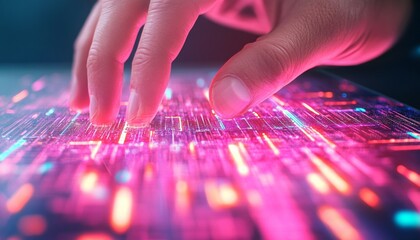 Leinwandbilder - Close-up of Hands Interacting with a Touchscreen Interface in a Futuristic Digital Environment