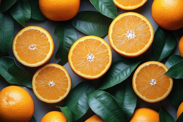 Sticker - A vibrant arrangement of oranges and green leaves on a flat surface.