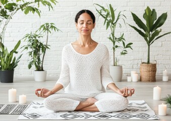 Poster - Serene Home Yoga Session - Middle-Aged Latina Woman Meditating Among Plants and Candles