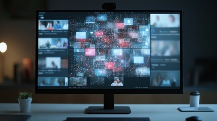 Aufkleber - Home Virtual Meeting Setup Featuring a Digital Newsroom Background on Large Monitor