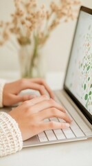 Poster - Close-Up of Hands Typing on Laptop Keyboard with Reflected Digital Interfaces and Learning Materials