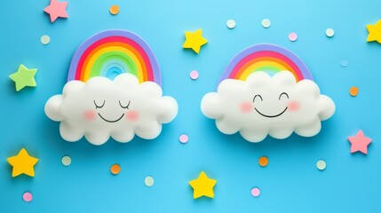 Adorable illustration of two clouds with rainbows and smiling faces on a blue background, surrounded by colorful stars and dots, creating a cheerful and whimsical scene.