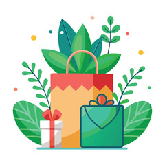 Wall Mural - a nice looking gift box, front, greenery, gift bag vector illustration