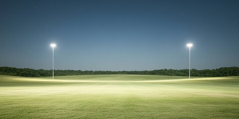 Wall Mural - Serene Nighttime Scene of an Illuminated Open Field with Distant Trees and Clear Sky