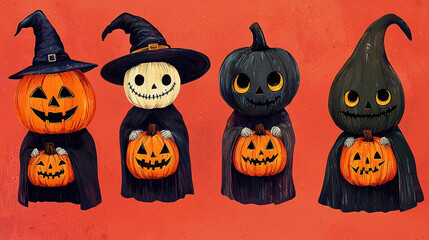 Wall Mural - Four cute pumpkin characters in witch costumes holding jack-o-lanterns.