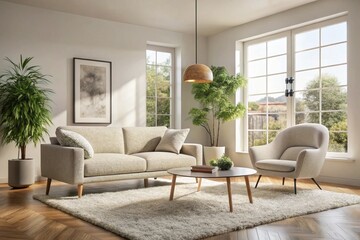 Wall Mural - Boucle lounge chairs and sofa in classic room. Minimalist interior design of modern living room.