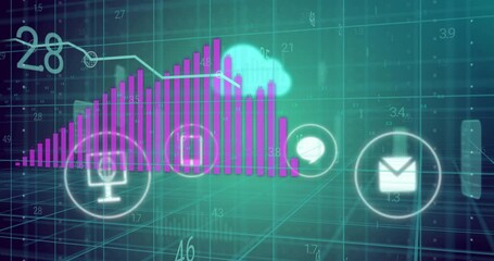 Poster - Bar chart and cloud computing icons animation over digital grid background
