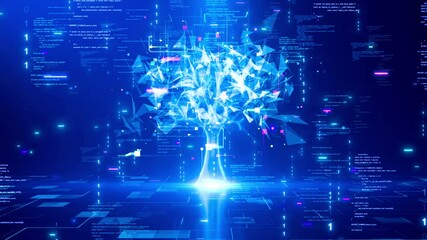 Poster - A glowing tree symbolizing artificial intelligence or the growth of digital technology data, with binary code and abstract algorithms on a dark blue background.