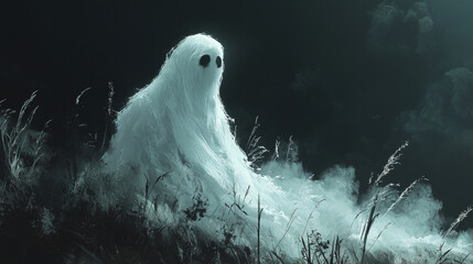 A ghostly figure emerges from the fog, its ethereal form shrouded in mystery.