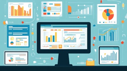 Poster - Business Data Analysis, Charts and Graphs on Computer Screen