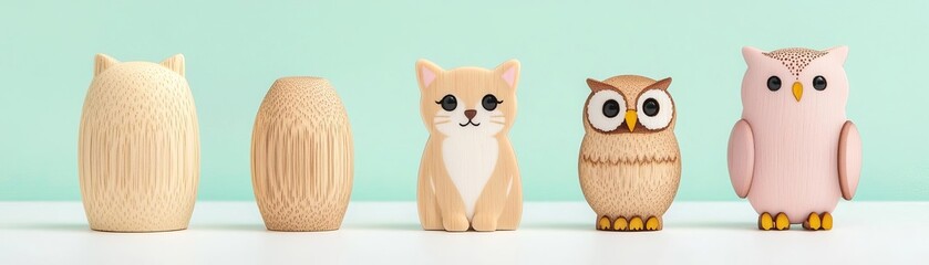 Naklejka na meble Cute Animal-Shaped Wooden Keychains, cat, dog, owl, playful design, children s accessories, colorful background, fun and creative