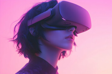 Young woman wearing VR headset in a pink studio setting.