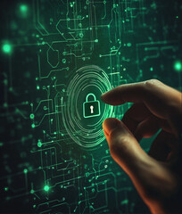 Wall Mural - A businessman's hand is touching the padlock icon on digital screen, Digital security concept with hologram lock and network connection technology background in green . 