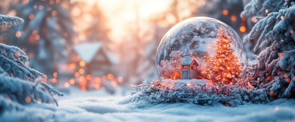 Wall Mural - A serene winter scene inside a snow globe featuring a cozy house and tree.