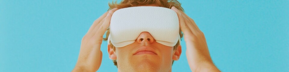 Aufkleber - Young Man Trying on Virtual Reality Headset for Virtual Fitting Room Experience in Minimalist Style