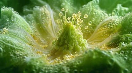 Poster - Macro Photography of Green Flower with Dew Drops and Soft Focus