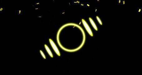 Poster - Glowing yellow circle and lines with confetti falling animation on black background