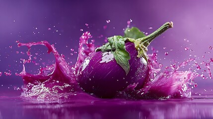 Purple Eggplant Splashing in Purple Liquid