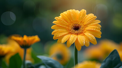 Wall Mural - Yellow Gerbera Flower with Dew Drops Illustration