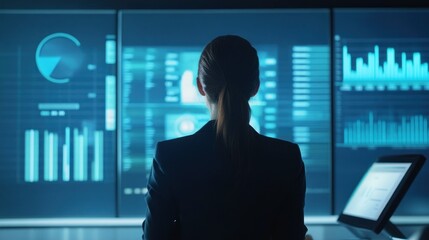 Poster - Woman Analyzing Data on Large Screens