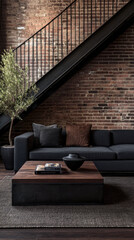 Loft apartment living room with artistic mood, warm ambiance and natural window lighting. Modern industrial Real Estate interior design composition.