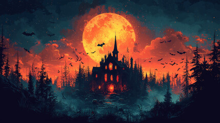 A spooky, old mansion with glowing windows sits beneath a fiery red moon.