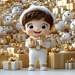 Rich Wealthy Christmas Day Cute Chibi Kawaii Kid Opening Presents Gold Wrapping Paper White Toy Stuffed Animals Graphic Design