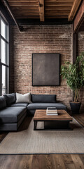 Loft apartment living room with artistic mood, warm ambiance and natural window lighting. Modern industrial Real Estate interior design composition.