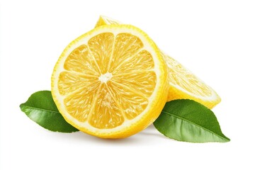 Wall Mural - lemon fruit with leaves, slice and half isolated on a white background, Fresh and Juicy Lemon, clipping path , ai