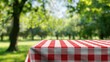 © Lasvu - Table with red and white tablecloth against blurred park backdrop for product display in spring and summer