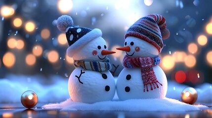 Wall Mural - Two cheerful snowmen with hats and scarves, surrounded by snow and twinkling lights, evoking a festive winter atmosphere.