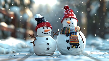 Two cheerful snowmen wearing colorful hats and scarves in a snowy landscape.