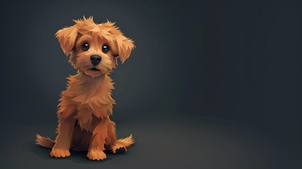 Wall Mural - A cute, cartoon-style puppy with fluffy fur, sitting against a dark background, evoking warmth and playfulness.