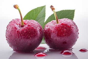 Sticker - Two fresh cherries with droplets on a reflective surface and green leaves.