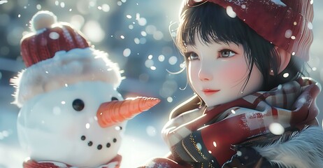 Wall Mural - A girl with a snowman in a snowy landscape, capturing a warm, festive winter moment.