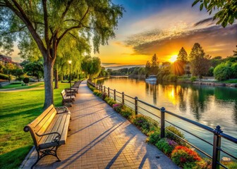 Wall Mural - Serene waterfront scene featuring lush greenery, walking paths, and benches along the Napa River, with a tranquil atmosphere and picturesque sunset in the background.