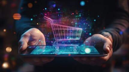 Poster - a person's hands holding a tablet displaying a holographic shopping cart, representing online shoppi