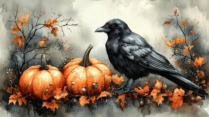 A black crow perches near two pumpkins in a watercolor painting.