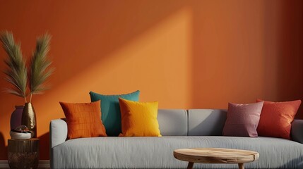 Poster - Interior design with grey sofa, vibrant pillows, wooden table, vase by dark orange wall with text space.