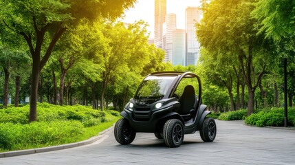 Black Electric Car Driving Through Park with Skyscrapers in Background